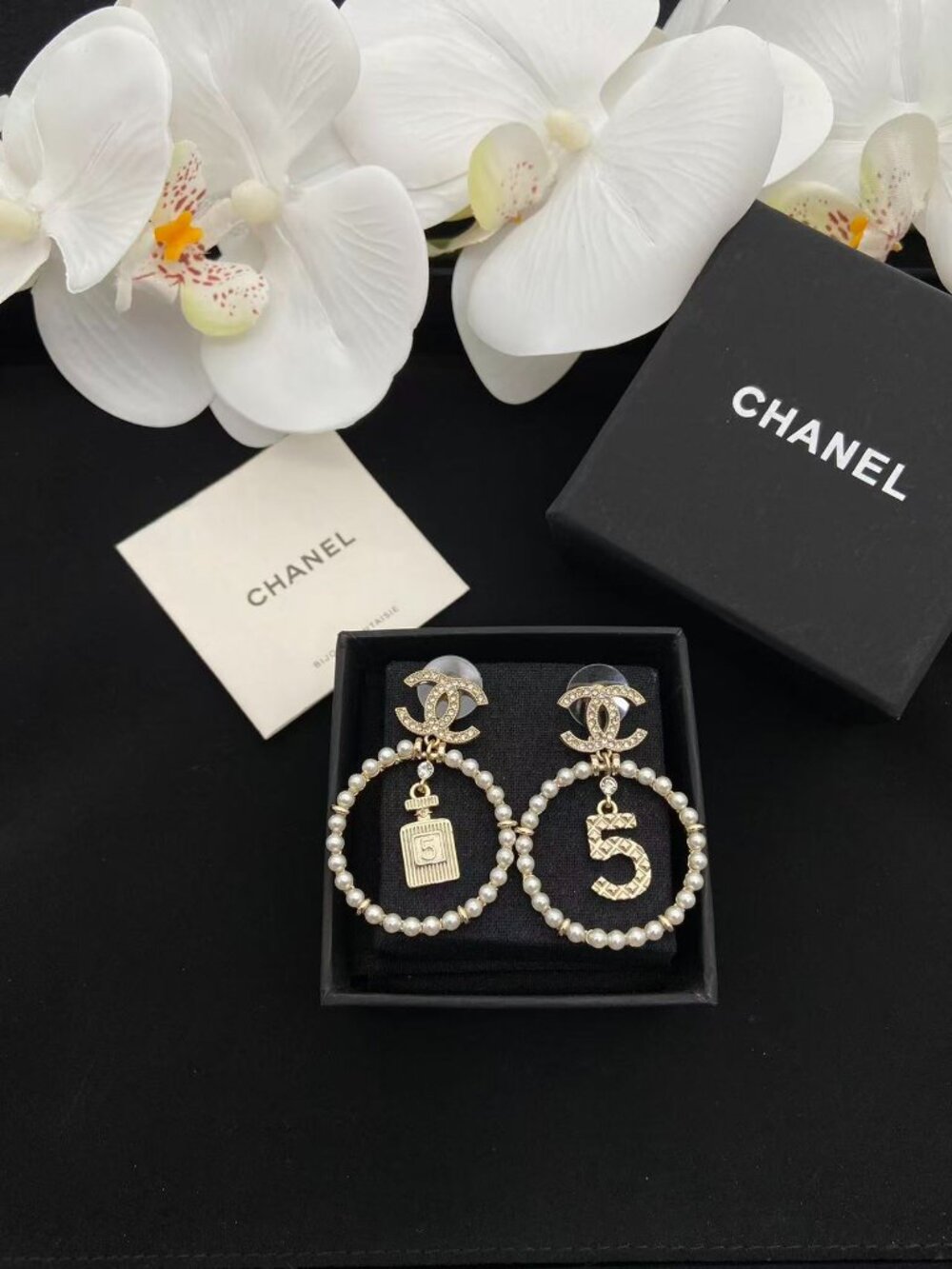 Chanel No.5 Perfume Bottle & Pearl Hoop Earrings